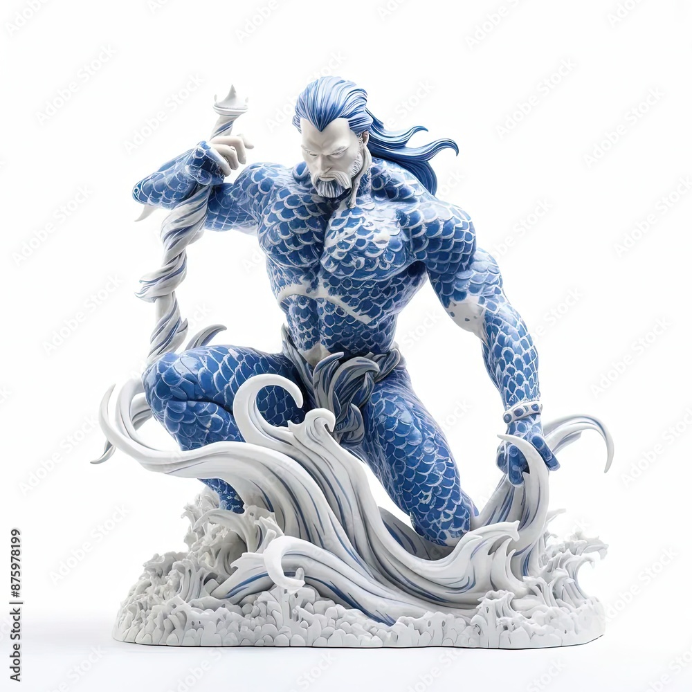 Poster a blue and white statue of a man holding a sword