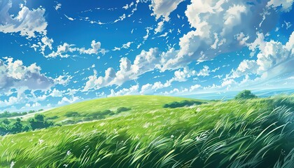 Anime illustration of a view of a green hill blowing in the wind cartoon anime style