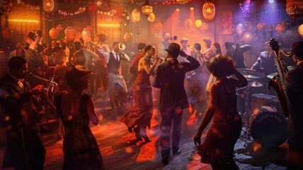A 1920s themed party with dancing, live music, and colorful lights, capturing the essence of the roaring twenties AIG58
