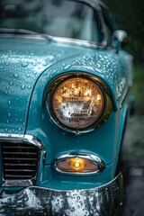 Photo type macro shot of a vintage car color tone teal with high contrast subject focus wet car details highlighting headlight and chrome accents background out of focus dark to enhance subject