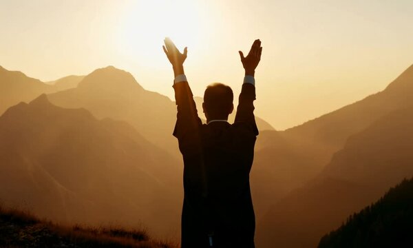 Silhouette of jesus preaching sermon on mountain top in ministry, biblical gospel teaching	