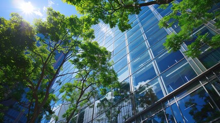 Modern Glass and Steel Office Building Amidst Urban Greenery with Cityscape Background