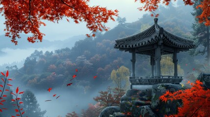 Obraz premium Mountain pavilion red maple leaves and mist