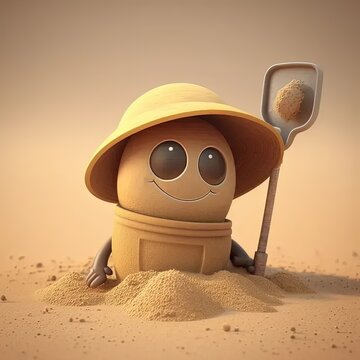 a cartoon character sitting in the sand with a shovel