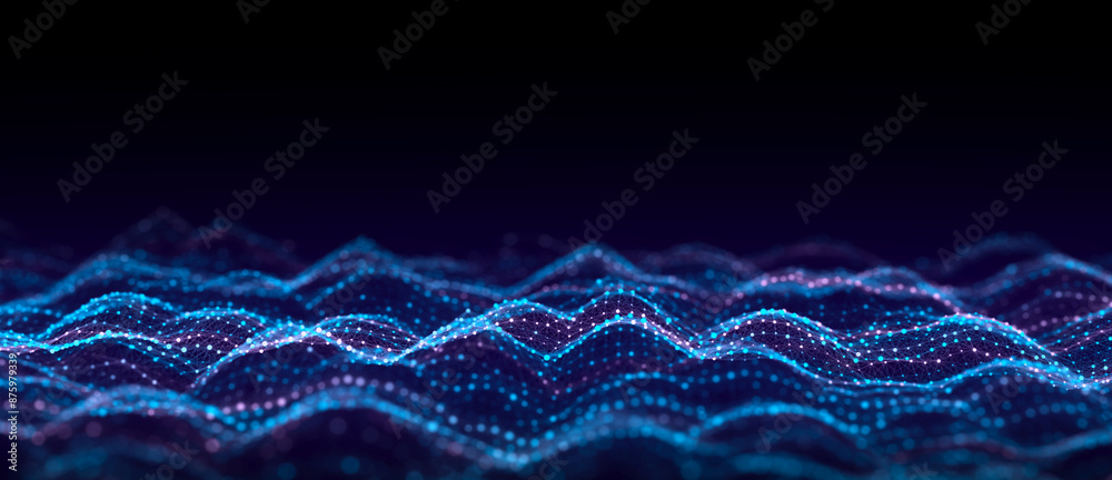 Aufkleber Music color wave of particles and lines. Big data visualization. Abstract blue background with a dynamic wave. 3d rendering.
