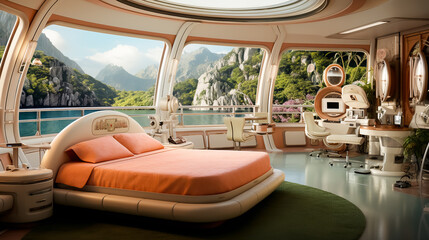 Futuristic interior design of a modern high-tech bedroom with a view of the mountain lake outside the window
