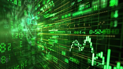  Financial data streams and algorithmic patterns on a green matrix-style background 