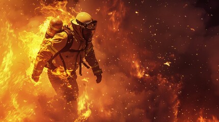 Fototapeta premium Firefighter dangerous situation due to fire jumping into the flames