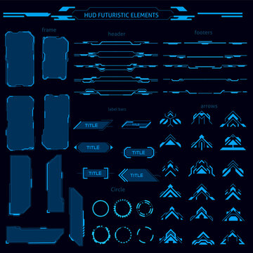 sci fi iu futuristic hud elements. Collection of Basic Communication Concepts. Frame, header, footer, Entry Arrow, circle, label bar Vector,