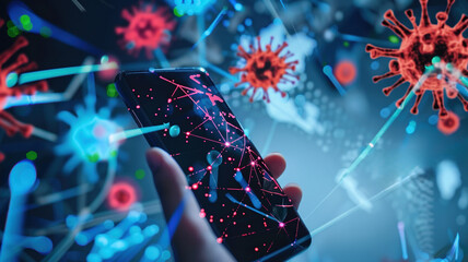 Digital Virus Spread Concept - Close-up of Smartphone Screen Displaying Red Virus Symbol Amidst Network Connections Highlighting Cybersecurity Threats