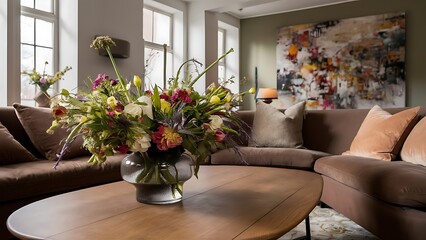 Flowers in vase on wooden coffee table in fashionable living room interior with brown corner sofa with pillows and abstract