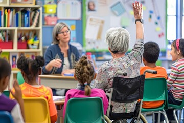 Elderly Woman Raises Hand in Class