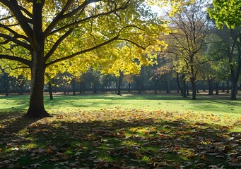 Autumn Leaves in a Park with Sunlight