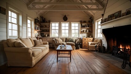 Fototapeta premium farmhouse living room interior, beige sofa on white wall background