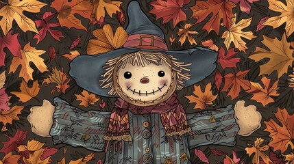 Centered scarecrow design for a hooded blanket doodle outline style with colored pencil details blank face for customization autumn background cozy and whimsical warm colors