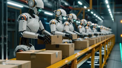 Fototapeta premium ai robots working with cardboard boxes on conveyor belt rollers or production line, automated industrial factory manufacture