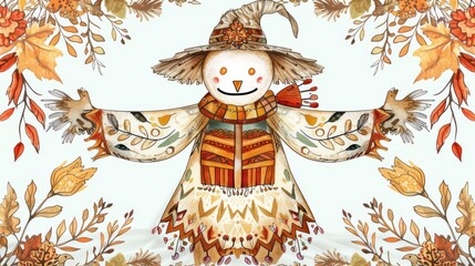 Centered scarecrow design for a hooded blanket doodle outline style with colored pencil details blank face for customization autumn background cozy and whimsical warm colors