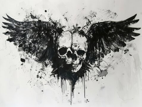 Black drawing on white paper sketch of a two headed eagle combined with a skull