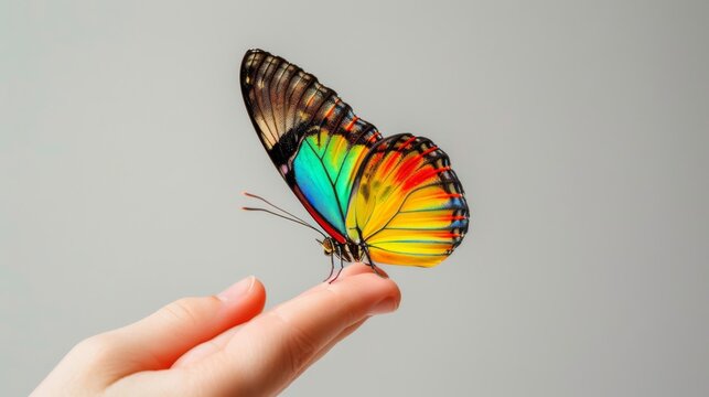 Big beautiful colorful butterfly sit on child finger on white background with copy space