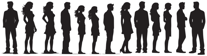 Vector detailed silhouettes set of standing people male and female in line full body front view with body gesture isolated on white background