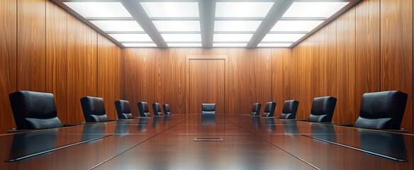 Naklejka premium Large Conference Table with Black Leather Chairs, Wooden Panel Walls, and White Ceiling, Captured from Eye-Level Perspective for Professional Business Setting