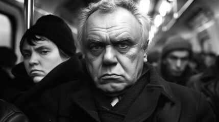 Monochrome close-up portrait of a serious elderly man in a crowded subway, capturing raw emotion and intensity.
