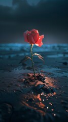 A rose flower is planted on the beach at night the beach is black perspective view