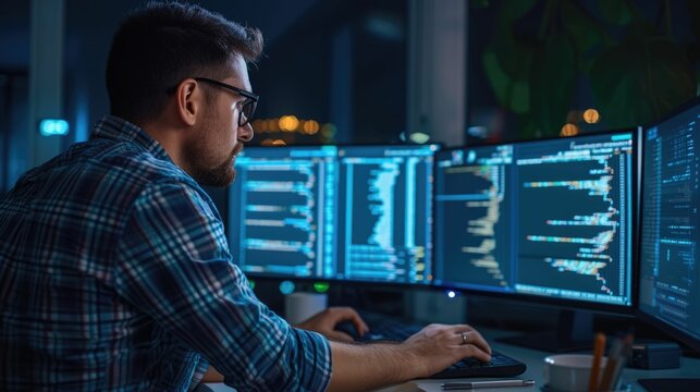 Side view of professional software developer coding program or engineering prompt. Skilled programmer typing computer and laptop while developing system with blurring background. Technology. AIG42.