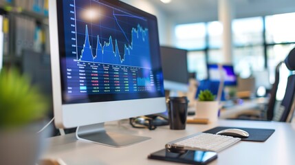 Naklejka premium Financial Planning at Work: Computer Screen Showing Stock Market Data with Office Desk Items