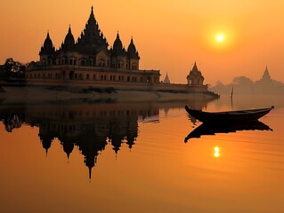 Fototapeta premium Historic temple on the riverbank at sunset, its silhouette mirrored in the water, with a boat in the foreground, creating a serene composition. copy space for text, focus cover all aspect, deep depth