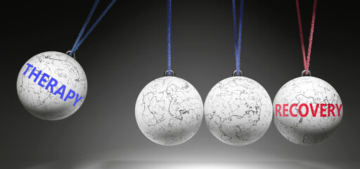 Therapy and Recovery - cause and effect relationship. A Newton cradle metaphor showing how therapy results in recovery. It initiates recovery. ,3d illustration