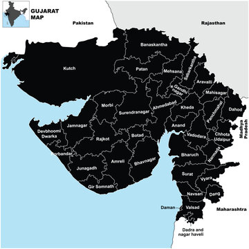 Detailed Silhouette vector Illustration of Gujarat map State and District map with neighbour geographical map of Gujarat State.
