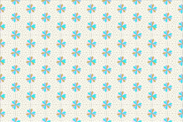 Vintage retro geometric flower star pattern on grid background in ivory beige, turquoise, purple, pink and brown colors. High quality photo