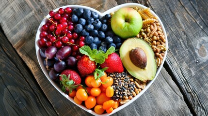 Colorful display of a heart-shaped bowl containing nutritious diet foods - fresh fruits, vegetables, and whole grains - promoting heart health and cardiovascular wellness.