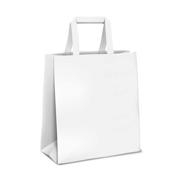 Blank tape handle paper carrier bag isolated on white background. Realistic 3d vector mockup. White square flat bottom package. Mockup. Template for design