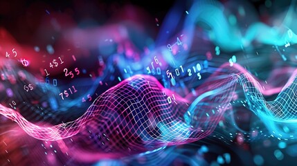  Futuristic digital waves with currency symbols flowing through them 