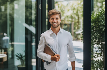 A smiling businessman in a white shirt enters a modern office carrying documents, exuding confidence and professionalism in a bright work environment