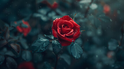 A red rose is the main focus of the image, with its petals and stem visible