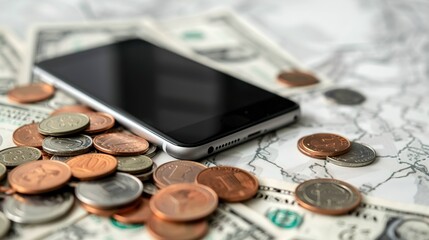 Modern Financial Technology Concept - Smartphone with Money on White Table, Copy Space for Text