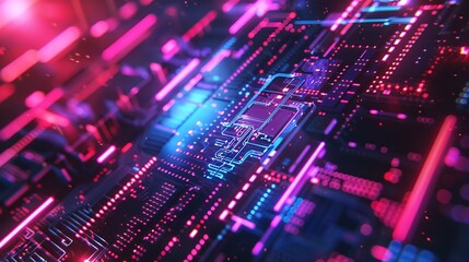 Obraz premium A close up of an intricate circuit board with neon lights, representing the complexity and technology behind artificial intelligence.