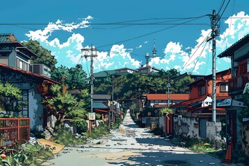 Fototapeta premium Japanese Street Illustration With Blue Sky And White Clouds