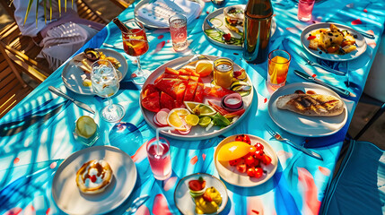 Fototapeta premium An electric blue picnic table adorned with plates of food and drinks, creating a visual art piece resembling a painted pattern drawing under a glass ceiling at a circle event
