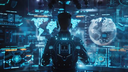 Hyper realistic person with advanced technology navigating risks, hightech environment, futuristic security theme