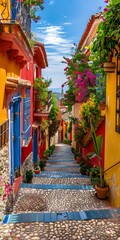 Colorful Stone Steps in a Narrow Alleyway with Flowers