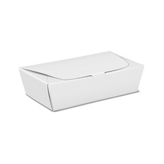 White blank flat pack box with locking lid for small food items. Realistic 3d vector mock-up. Cardboard gift box. Mockup. Chocolate, fudge and other treats packaging. Template for design