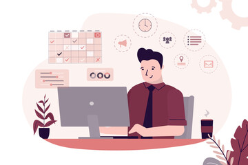 Confident businessman with calendar and planner. Date and time scheduler. Time management, efficiency in business, work productivity.