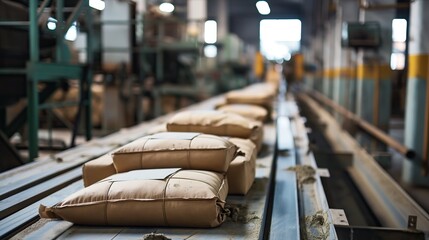 cement bags on conveyor belt rollers or production line, automated industrial factory manufacture