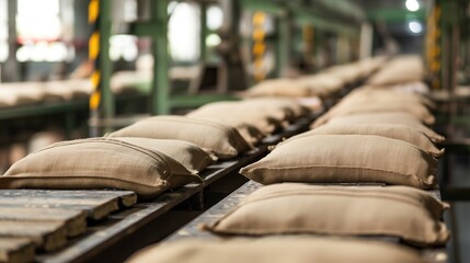 cement bags on conveyor belt rollers or production line, automated industrial factory manufacture