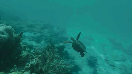 Obraz premium Sea turtle swimming under the sea.