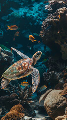 Fototapeta premium Sea turtle swimming next to coral reef.
